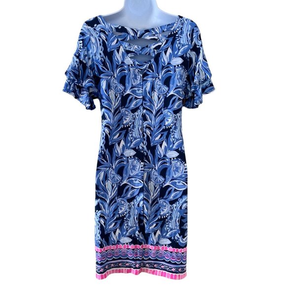 Lilly Pulitzer Shift Dress Short Ruffle Sleeves Blue Pink Tropical Print Size S - Picture 2 of 7